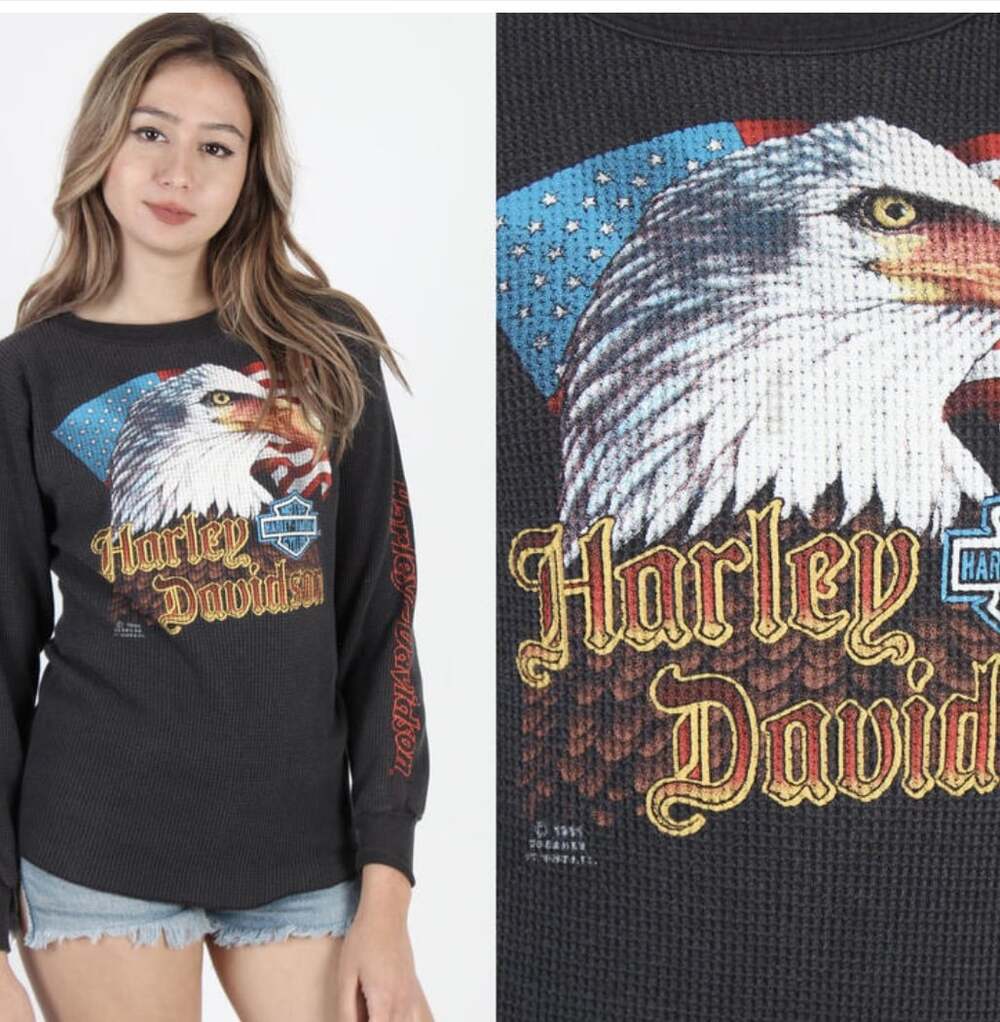 80S Harley Davidson 3D Emblem Eagle Waffle Weave Thermal LS T-Shirt SMALL